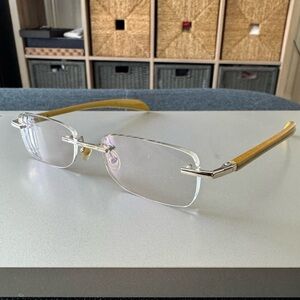 GOLD AND WOOD RIMLESS EYEGLASSES…EXCELLENT CONDITION. MADE IN LUX AO1